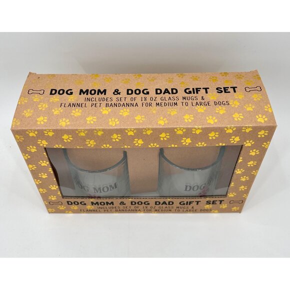 NIB GIFT SET OF 2 DOG MOM DAD GLASS MUGS RED BLACK PLAID PAW PRINT NO BANDANA - Picture 5 of 7